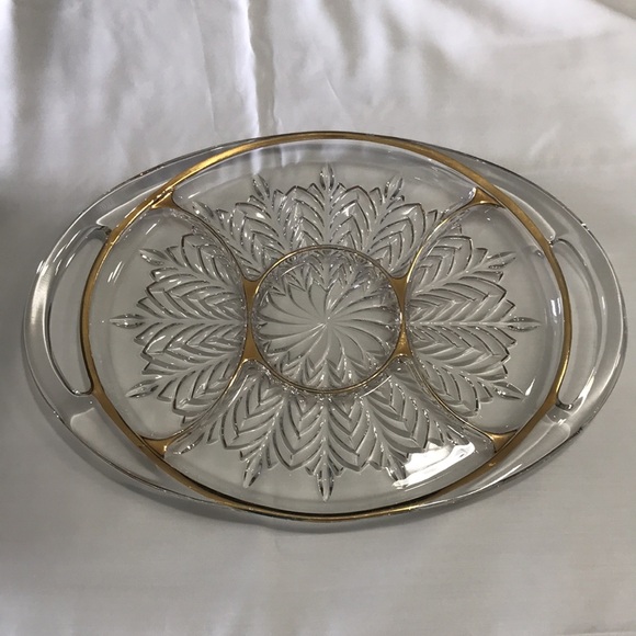 Vintage JEANETTE Glass Oval Gold Trim Divided Serving Tray with Handles - Picture 2 of 11